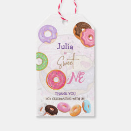 Zoete eerste verjaardag donut roze cadeaulabel