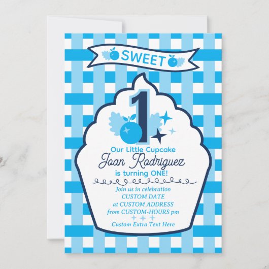 Zoete Eerste Verjaardag Gingham Foto Uitnodigingen (Voorkant)