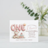 Zoete eerste verjaardagsuitnodiging met teddybeer  briefkaart (Staand voorkant)