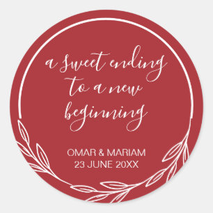 Zoete einddatum nieuwe bruine rode bruiloft ronde sticker