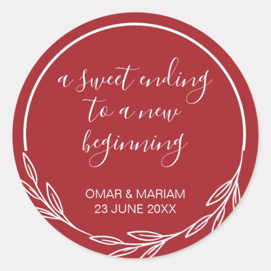 Zoete einddatum nieuwe bruine rode bruiloft ronde sticker (Voorkant)