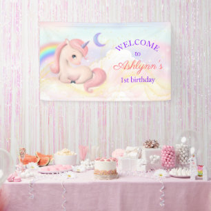 Zoete Elegante Roze Eenhoorn Regenboog Verjaardags Spandoek