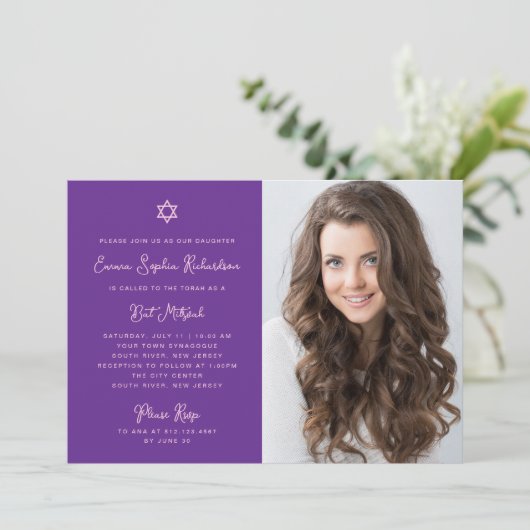 Zoete en eenvoudige roze en Paarse Photo Bat Mitzv Kaart (Staand voorkant)