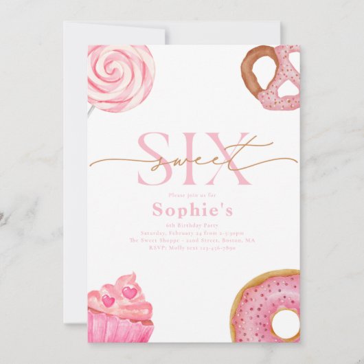 Zoete en zes verjaardagsuitnodiging kaart (Voorkant)