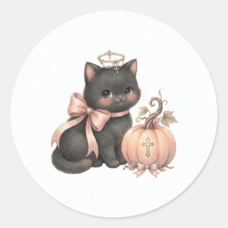 Zoete engel kat & pompoen herfst sticker