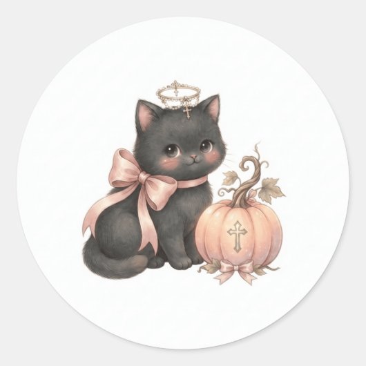 Zoete engel kat & pompoen herfst sticker (Voorkant)