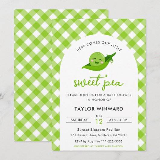 Zoete Erwt Groen Gingham Baby Shower Kaart (Voorkant / Achterkant)