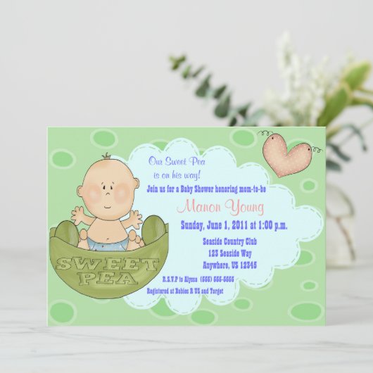 Zoete erwt in Baby shower voor pooljongens Kaart (Staand voorkant)