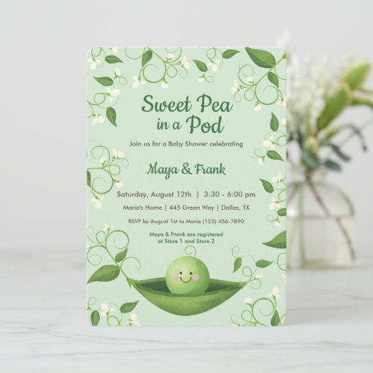 Zoete erwt in een uitnodiging voor een Baby shower (Staand voorkant)