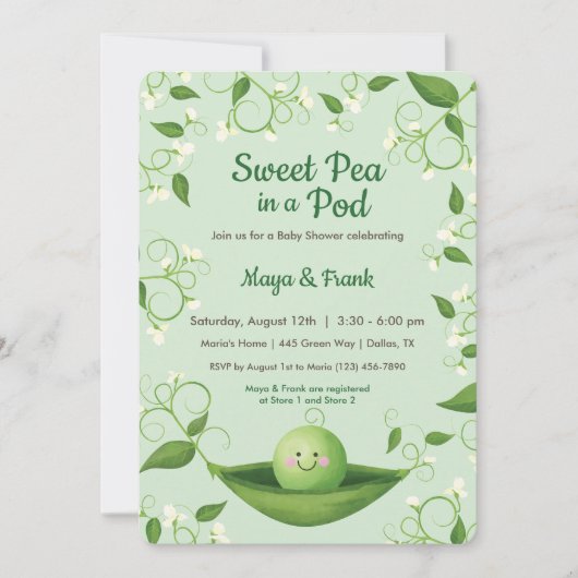 Zoete erwt in een uitnodiging voor een Baby shower (Voorkant)