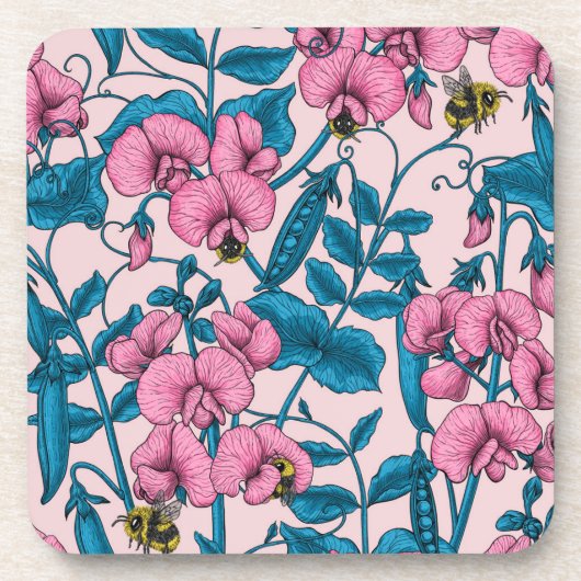 Zoete erwten en hommels, roze en blauw bier onderzetter (Voorkant)