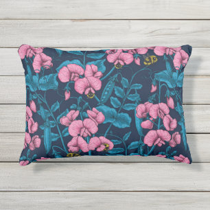 Zoete erwten en hommels, roze en blauw buitenkussen