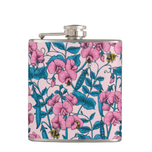 Zoete erwten en hommels, roze en blauw heupfles