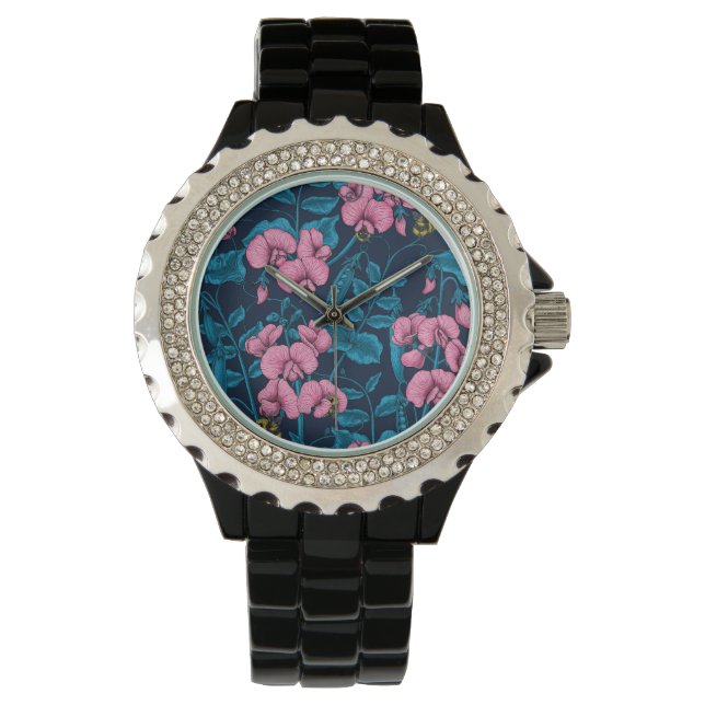 Zoete erwten en hommels, roze en blauw horloge (Voorkant)