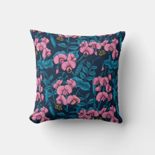 Zoete erwten en hommels, roze en blauw kussen