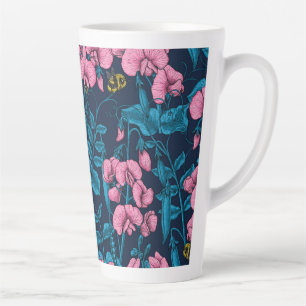 Zoete erwten en hommels, roze en blauw latte mok