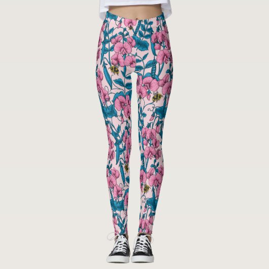 Zoete erwten en hommels, roze en blauw leggings (Voorkant)