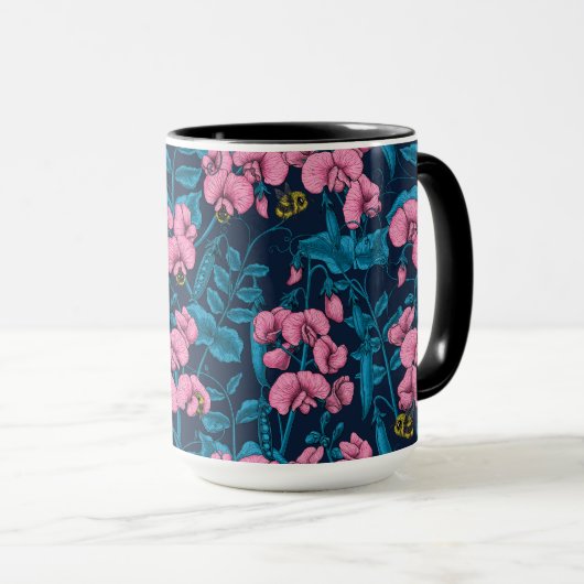 Zoete erwten en hommels, roze en blauw mok (Voorkant rechts)