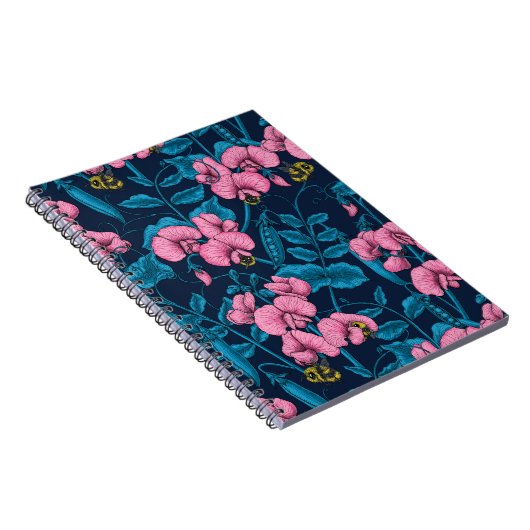 Zoete erwten en hommels, roze en blauw notitieboek (Rechterzijde)