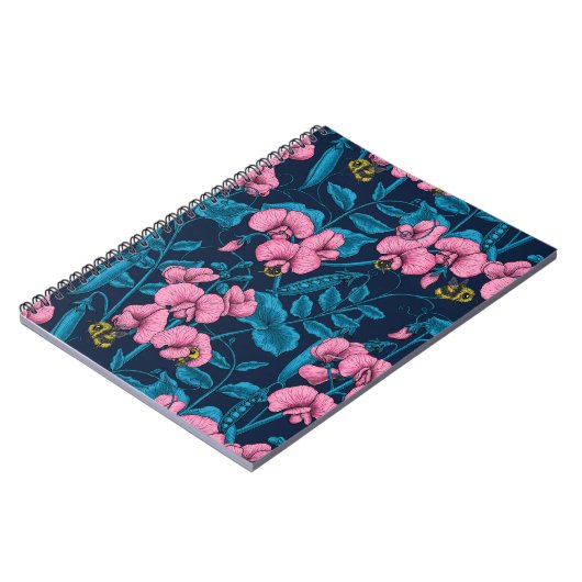 Zoete erwten en hommels, roze en blauw notitieboek (Linkerzijde)