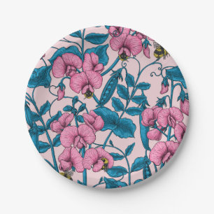 Zoete erwten en hommels, roze en blauw papieren bordje