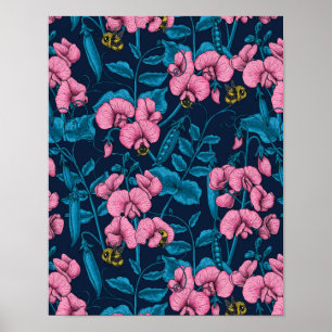 Zoete erwten en hommels, roze en blauw poster