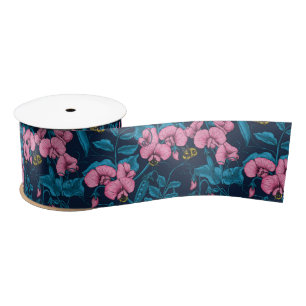 Zoete erwten en hommels, roze en blauw satijnen lint
