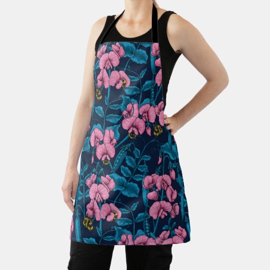 Zoete erwten en hommels, roze en blauw schort (Insitu)