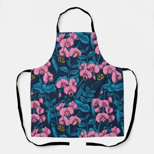 Zoete erwten en hommels, roze en blauw schort (Voorkant)