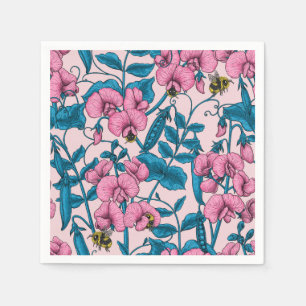 Zoete erwten en hommels, roze en blauw servet