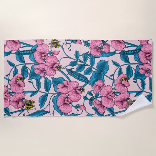 Zoete erwten en hommels, roze en blauw strandlaken (Voorkant)