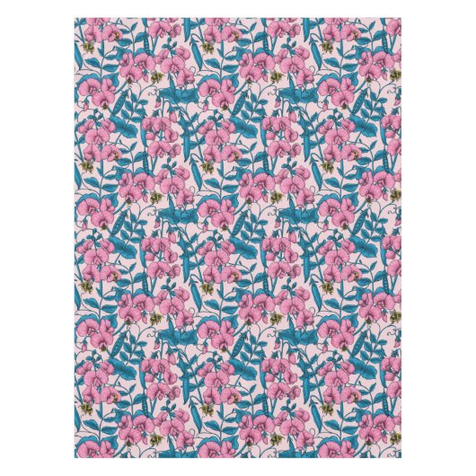 Zoete erwten en hommels, roze en blauw tafelkleed (Voorkant)