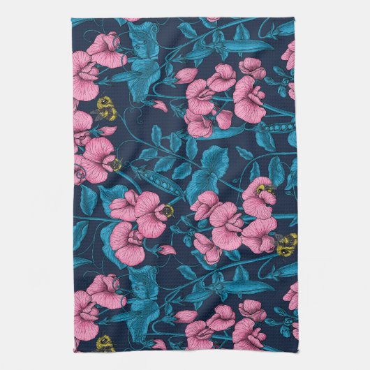 Zoete erwten en hommels, roze en blauw theedoek (Verticaal)