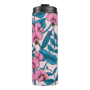 Zoete erwten en hommels, roze en blauw thermosbeker