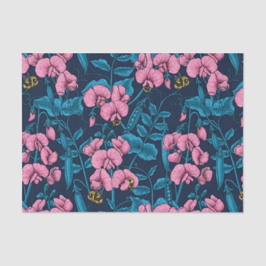 Zoete erwten en hommels, roze en blauw tissuepapier (Voorkant)