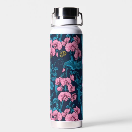 Zoete erwten en hommels, roze en blauw waterfles (Achterkant)