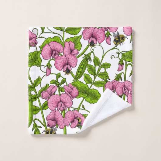 Zoete erwten en hommels, roze, groen en wit bad handdoek (Wasdoekje)