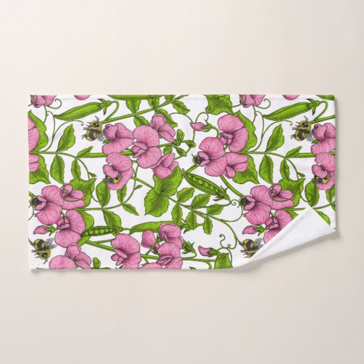 Zoete erwten en hommels, roze, groen en wit bad handdoek (Handdoek)