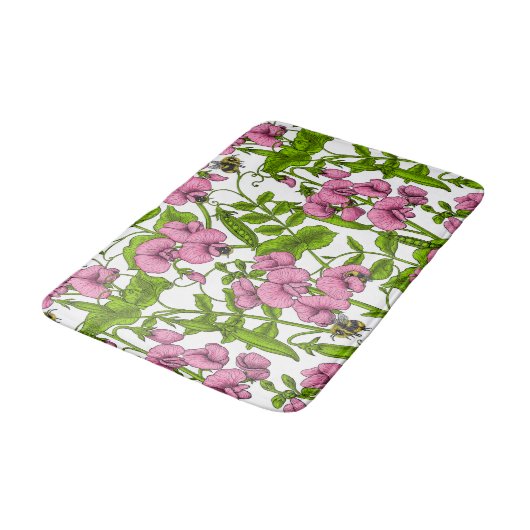 Zoete erwten en hommels, roze, groen en wit badmat (Gekanteld)