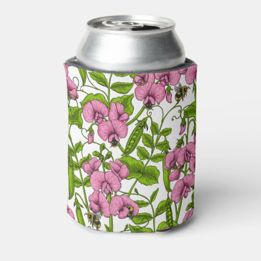 Zoete erwten en hommels, roze, groen en wit blikjeskoeler (Blikje Achterkant)