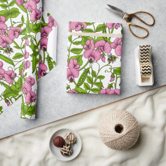Zoete erwten en hommels, roze, groen en wit cadeaupapier (Crafts)