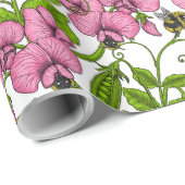 Zoete erwten en hommels, roze, groen en wit cadeaupapier (Rol Hoek)