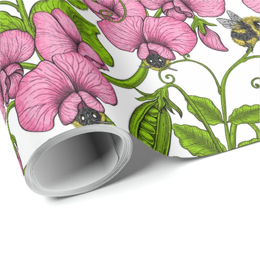 Zoete erwten en hommels, roze, groen en wit cadeaupapier (Rol Hoek)