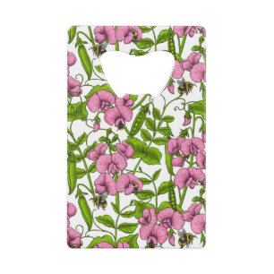 Zoete erwten en hommels, roze, groen en wit creditkaart flessenopener