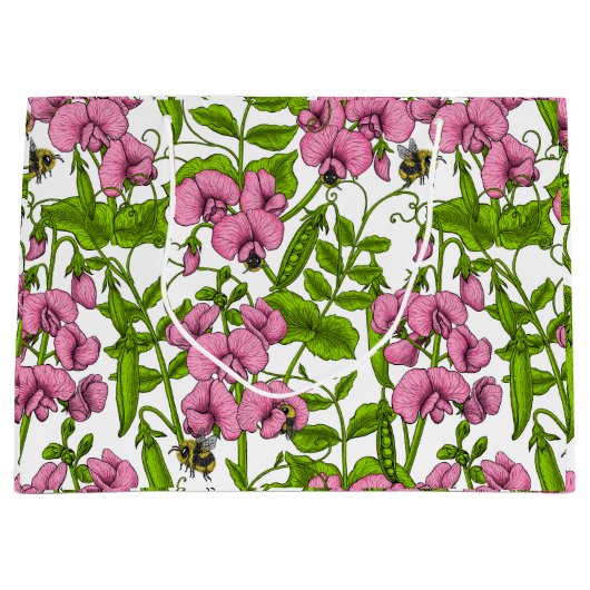 Zoete erwten en hommels, roze, groen en wit groot cadeauzakje (Voorkant)