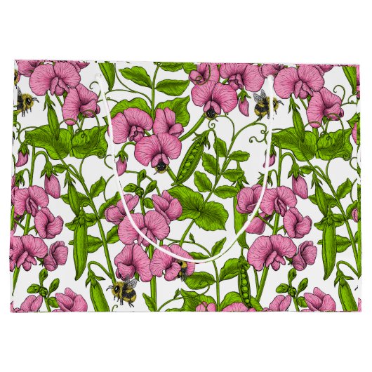 Zoete erwten en hommels, roze, groen en wit groot cadeauzakje (Achterkant)