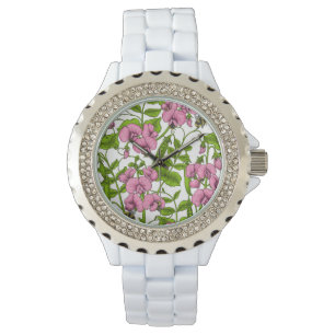 Zoete erwten en hommels, roze, groen en wit horloge