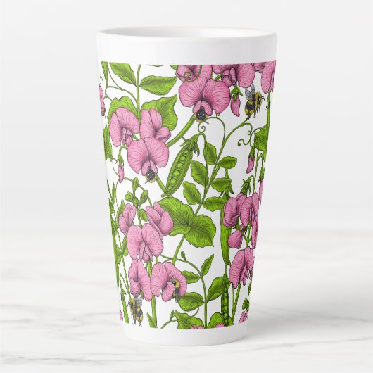 Zoete erwten en hommels, roze, groen en wit latte mok (Voorkant)