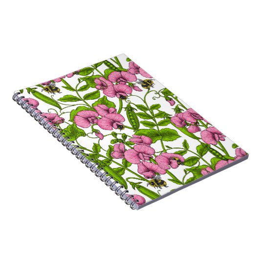 Zoete erwten en hommels, roze, groen en wit notitieboek (Rechterzijde)