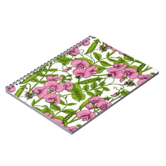 Zoete erwten en hommels, roze, groen en wit notitieboek (Linkerzijde)